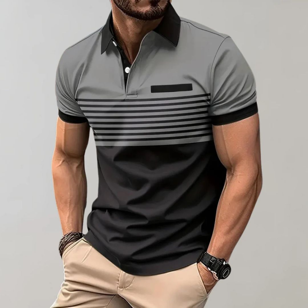 Theodore - Striped Colour Block Polo — Grey