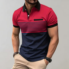 Theodore - Striped Colour Block Polo — Red
