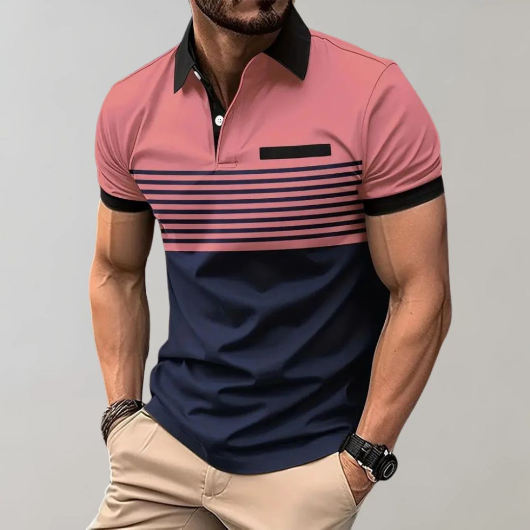Theodore - Striped Colour Block Polo — Pink