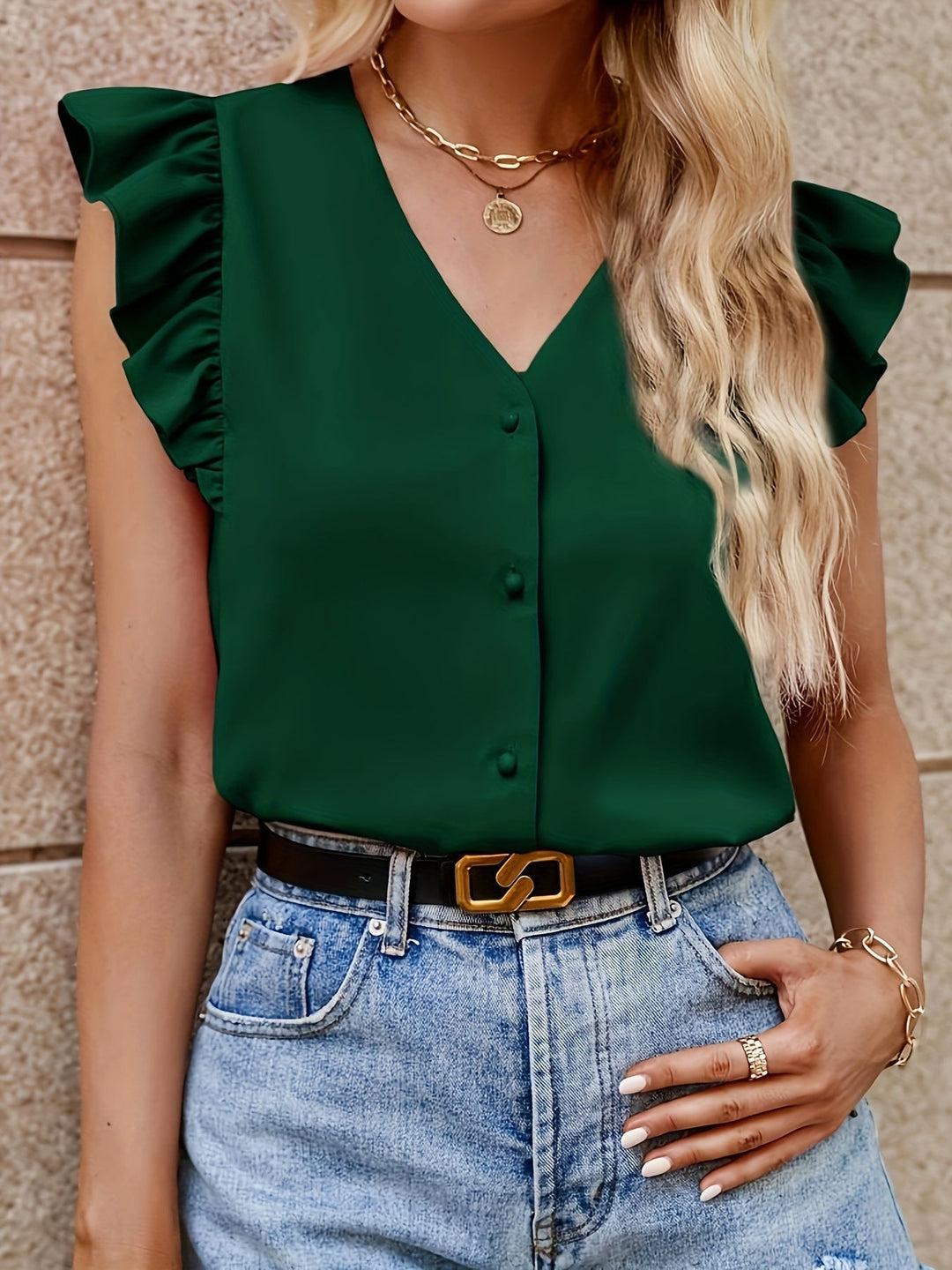 Dahlia - Ruffle Sleeve Button Top — Green