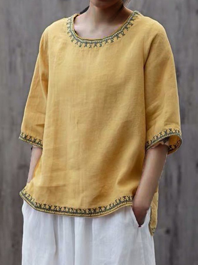 Virginia - Linen Top with Embroidered Trim — Yellow