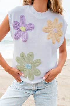 Christina - Knit Vest with 3D Flowers — White