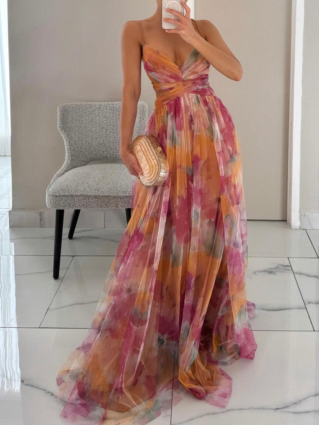 Aurelie - Painted Floral Tulle Maxi Dress