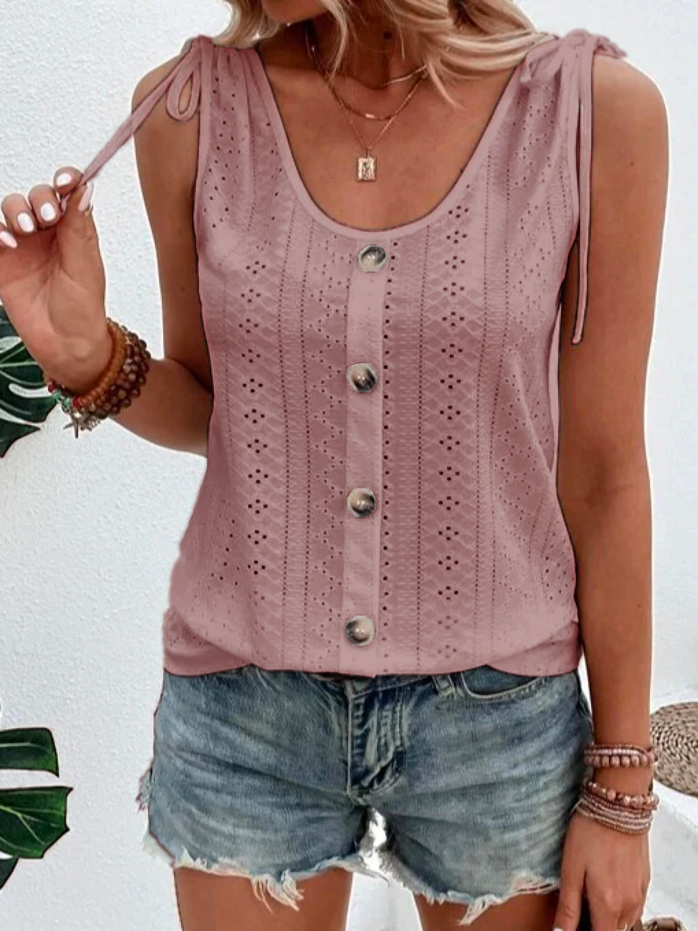 Erica - Eyelet Button Tank Top — Pink