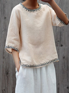 Virginia - Linen Top with Embroidered Trim — Apricot