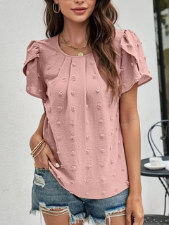 Francesca - Dobby Dot Puff Sleeve Top — Pink