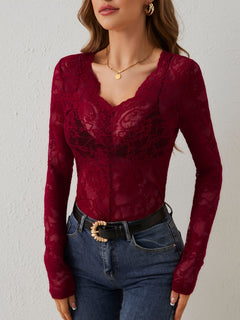 Anastasia - Lace Long Sleeve Bodysuit — Dark red