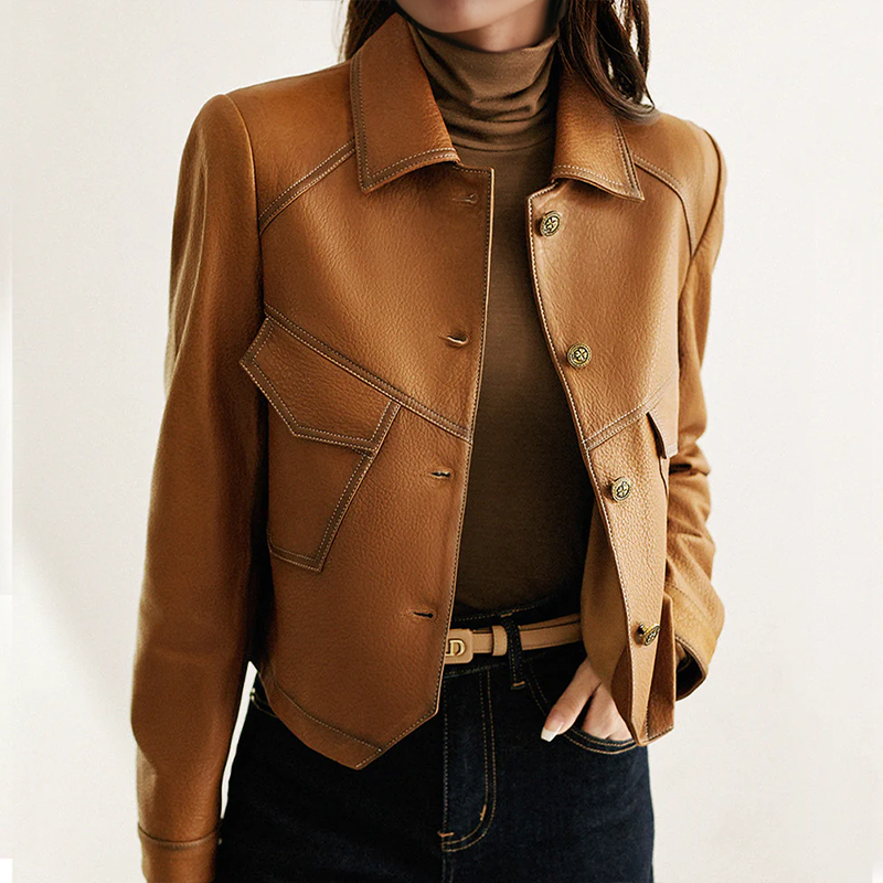 Lucy - Tan Leather Cropped Jacket