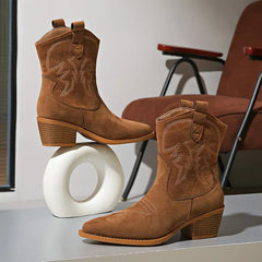Theodora - Embroidered Western Ankle Boots — Brown