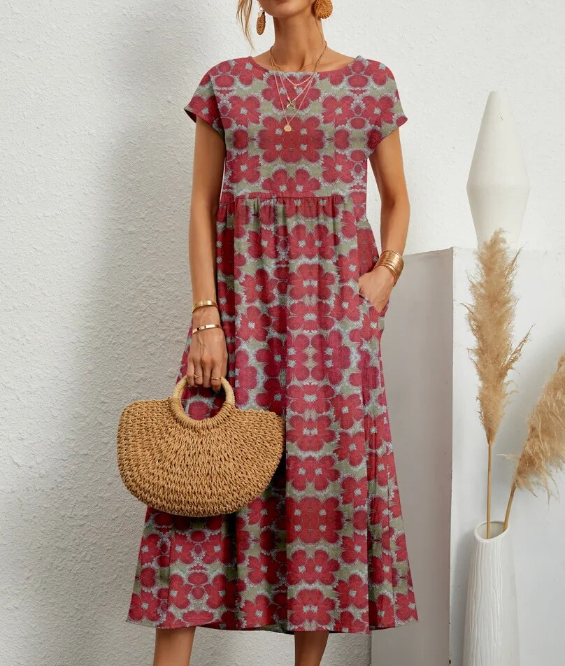 Violet - Floral Tiered Midi Dress — Red