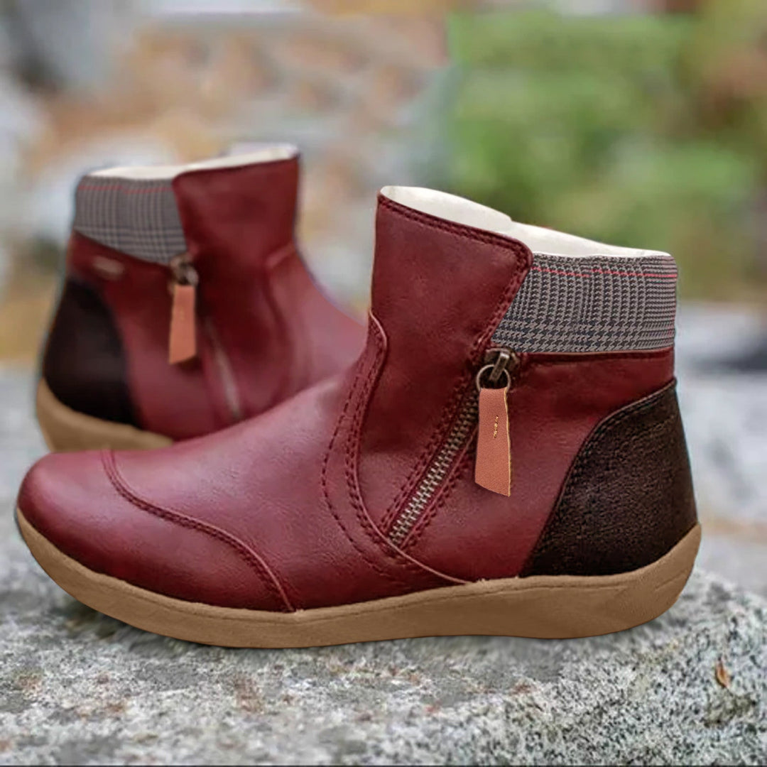Prudence - Patchwork Panel Ankle Boots — Red