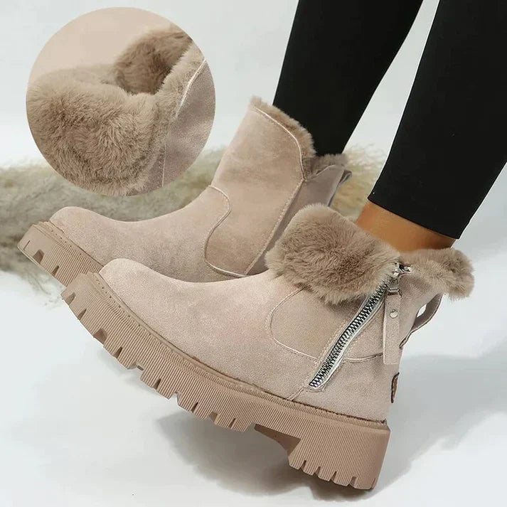 Justine - Suede Fur Trim Zip Boots — Beige