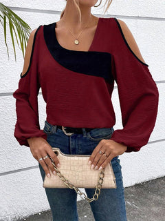 Stephanie - Cold Shoulder Colour Block Top — Burgundy