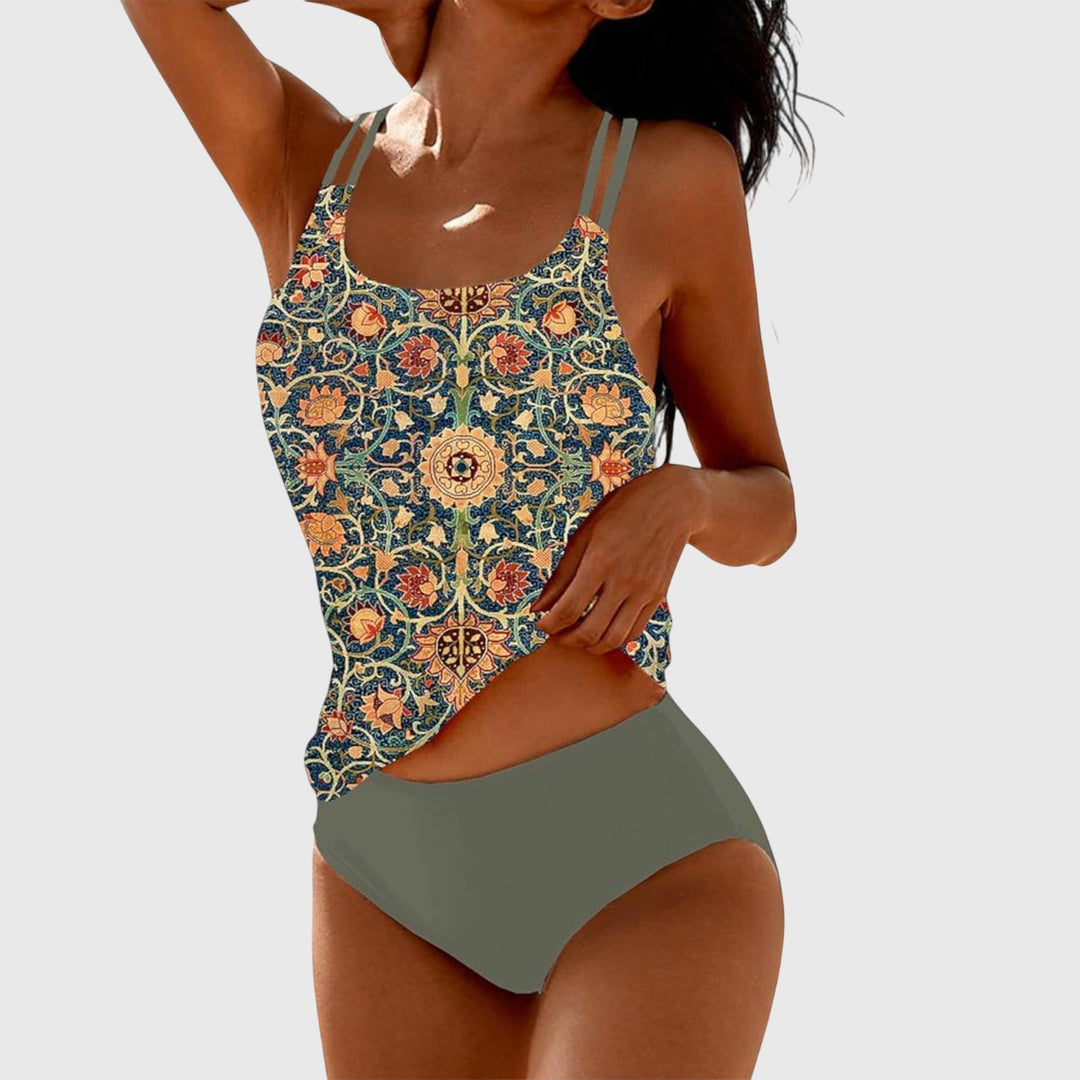 Cassidy - Folk Print Two Tone Swimsuit — Green