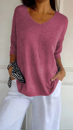 Cordelia - V Neck Knit Top — Rose Red