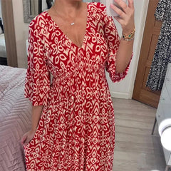 Charmaine - Print V Neck Tunic Dress — Red