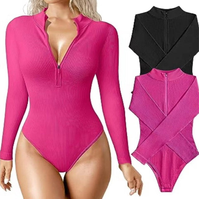 Aria - Ribbed Zip Bodysuit — Pink &amp; black