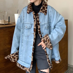 Whitney - Denim Jacket with Leopard Collar
