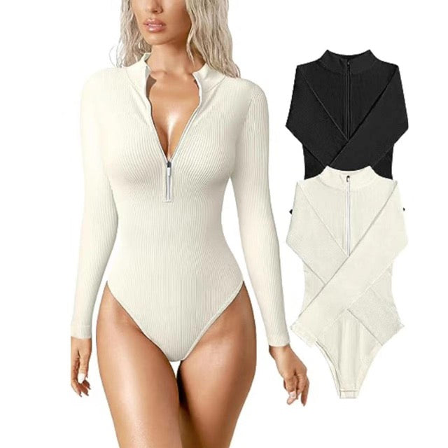 Aria - Ribbed Zip Bodysuit — Beige &amp; black