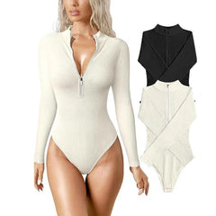 Aria - Ribbed Zip Bodysuit — Beige &amp; black