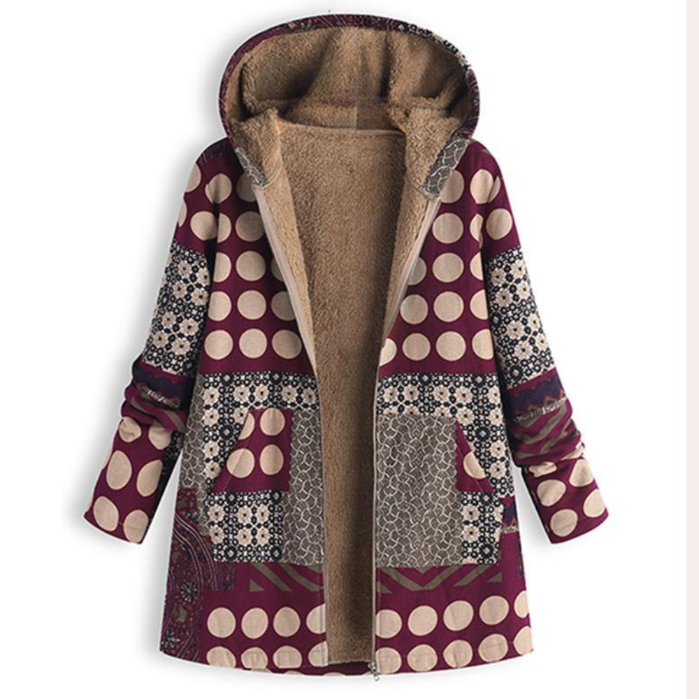 Scarlett - Patchwork Print Hooded Coat — Red