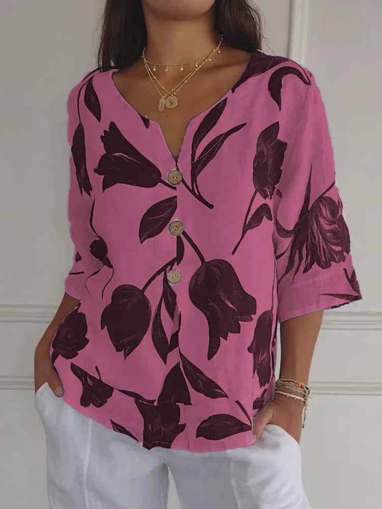 Gabrielle - Leaf Print V Neck Blouse — Pink