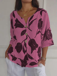 Gabrielle - Leaf Print V Neck Blouse — Pink