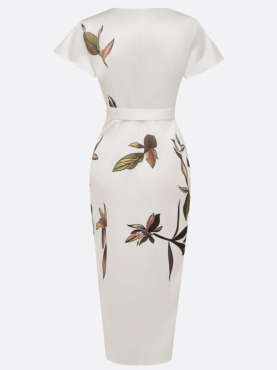 Solene - Leaf Print Satin Wrap Midi Dress