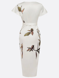 Solene - Leaf Print Satin Wrap Midi Dress