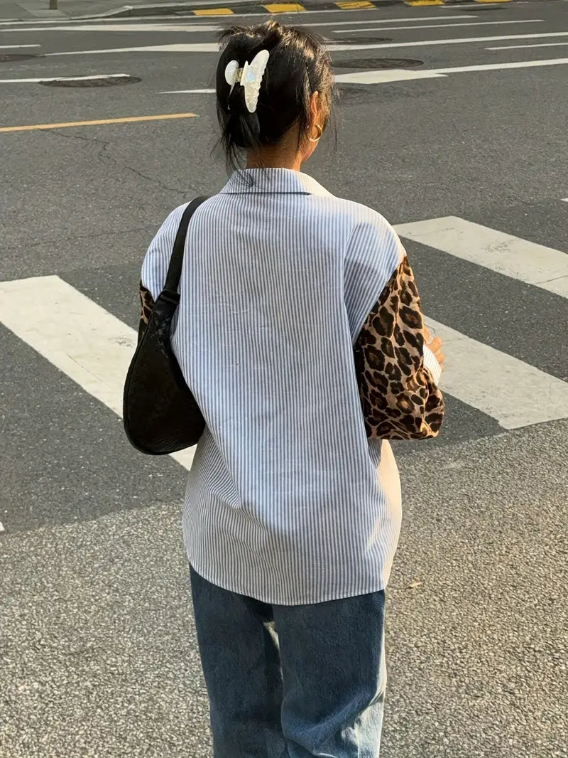 Emily - Striped Shirt with Leopard Pocket