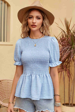 Rosa - Textured Peplum Top — Light blue