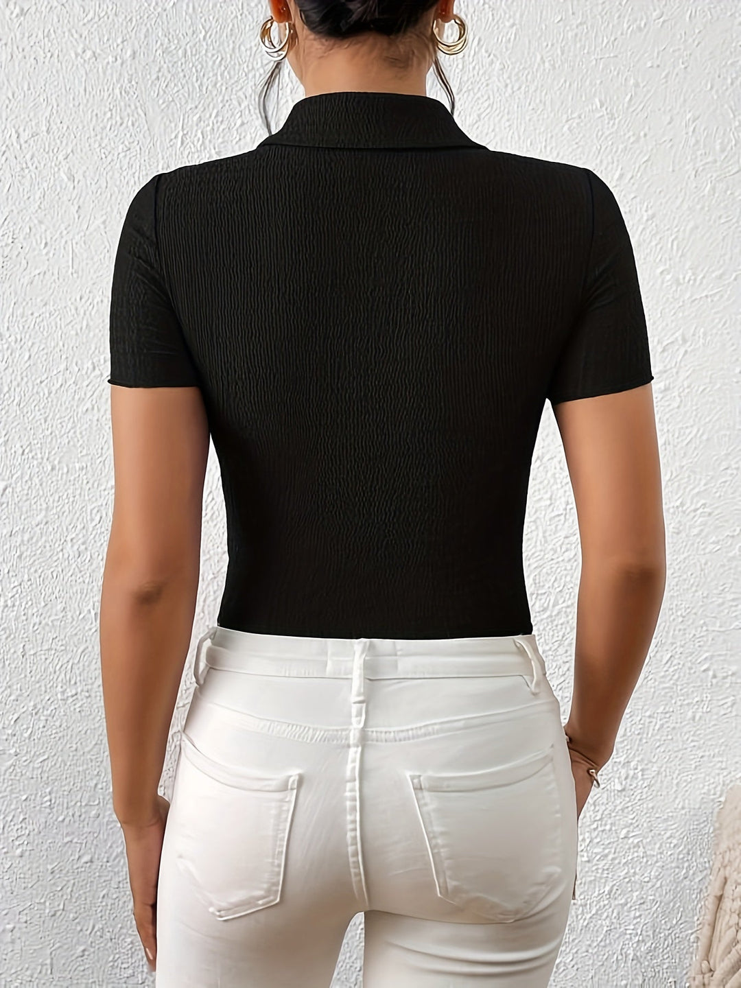 Maya - Ribbed Short Sleeve Polo Top