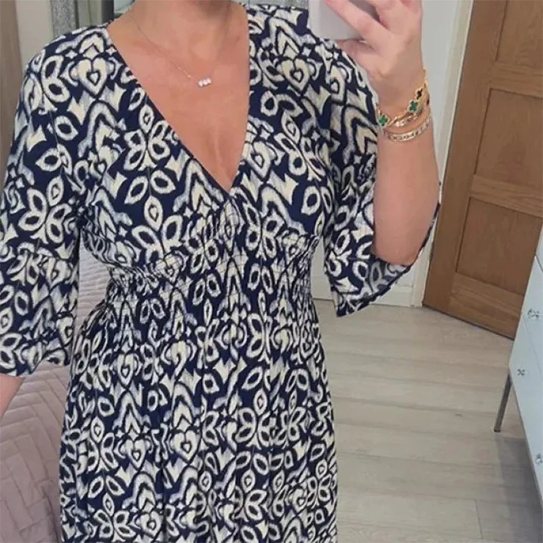 Charmaine - Print V Neck Tunic Dress — Marine