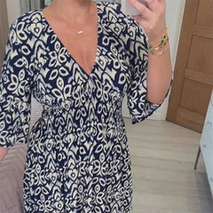 Charmaine - Print V Neck Tunic Dress — Marine