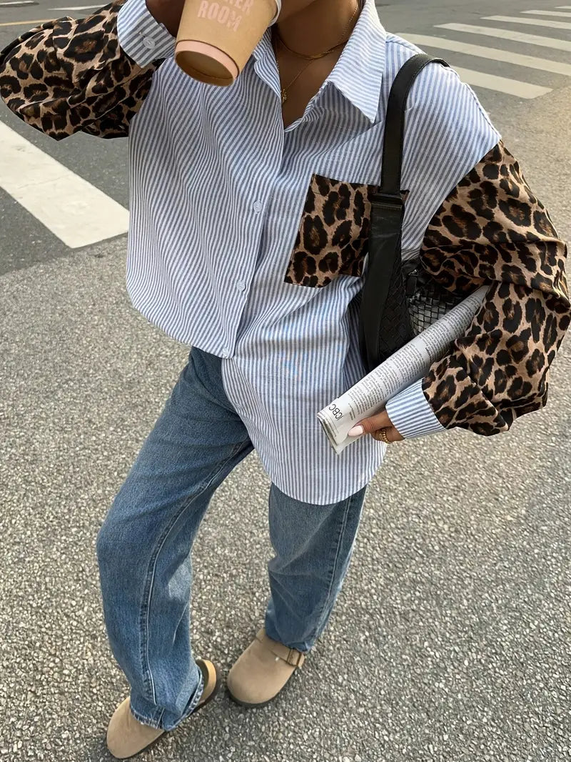 Emily - Striped Shirt with Leopard Pocket
