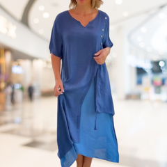 Emma - Linen Midi with Side Buttons — Blue