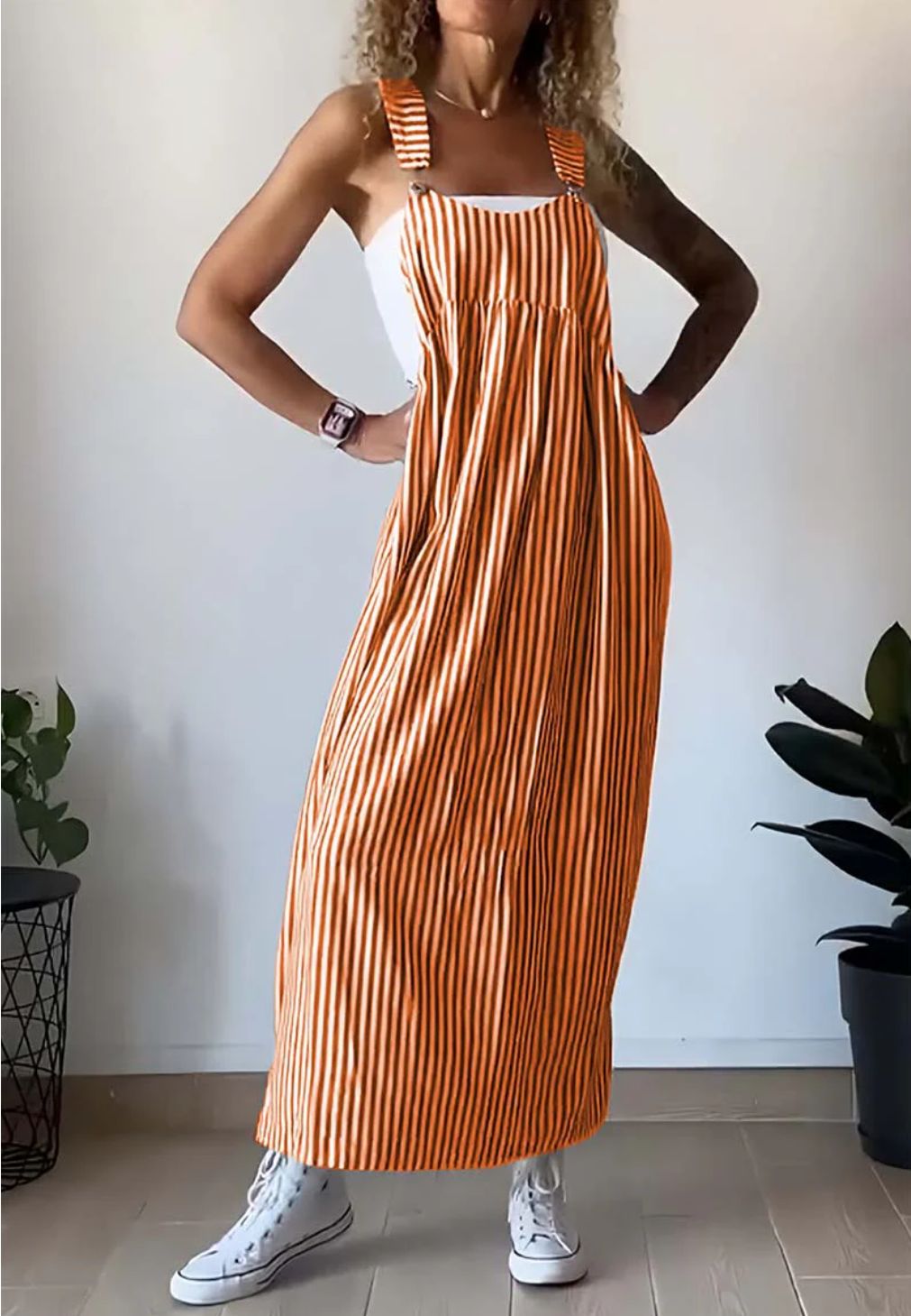 Jacqueline - Striped Pinafore Jumpsuit — Orange
