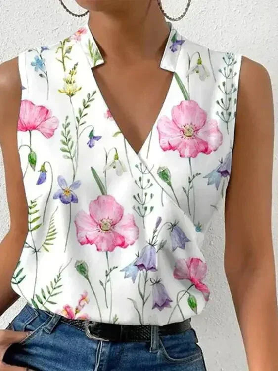 Nora - Wrap Front Sleeveless Top — White/pink