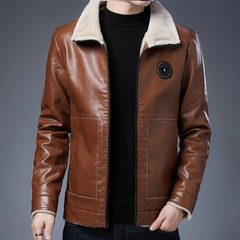 Mitchell - Leather Coat with Sherpa Collar — Brown