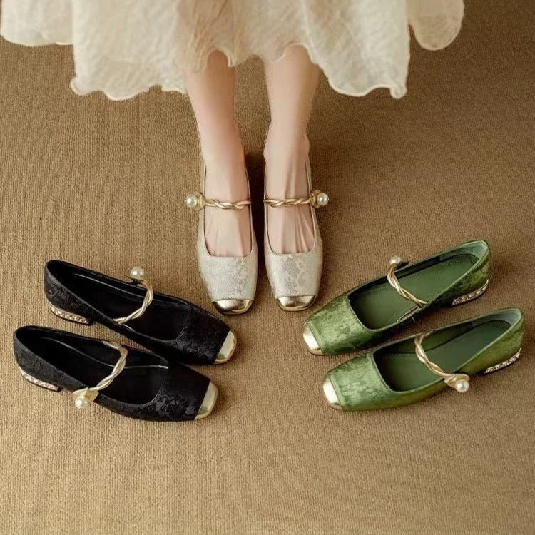 Frieda - Velvet Pearl Strap Flats