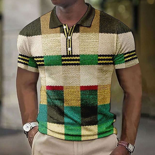 Alexander - Patchwork Check Knit Polo — Dark green