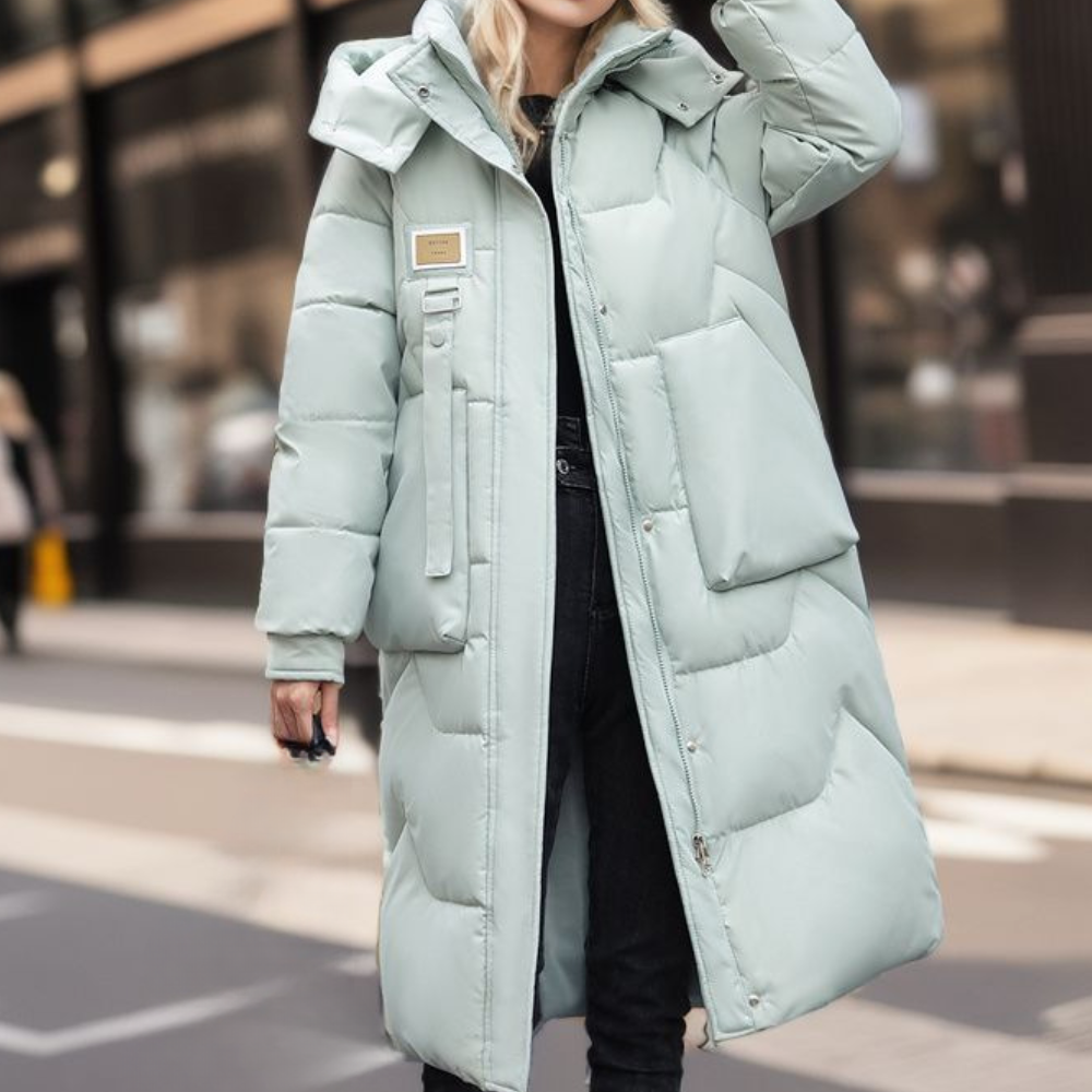 Georgie - Long Hooded Puffer Coat — Pastel blue