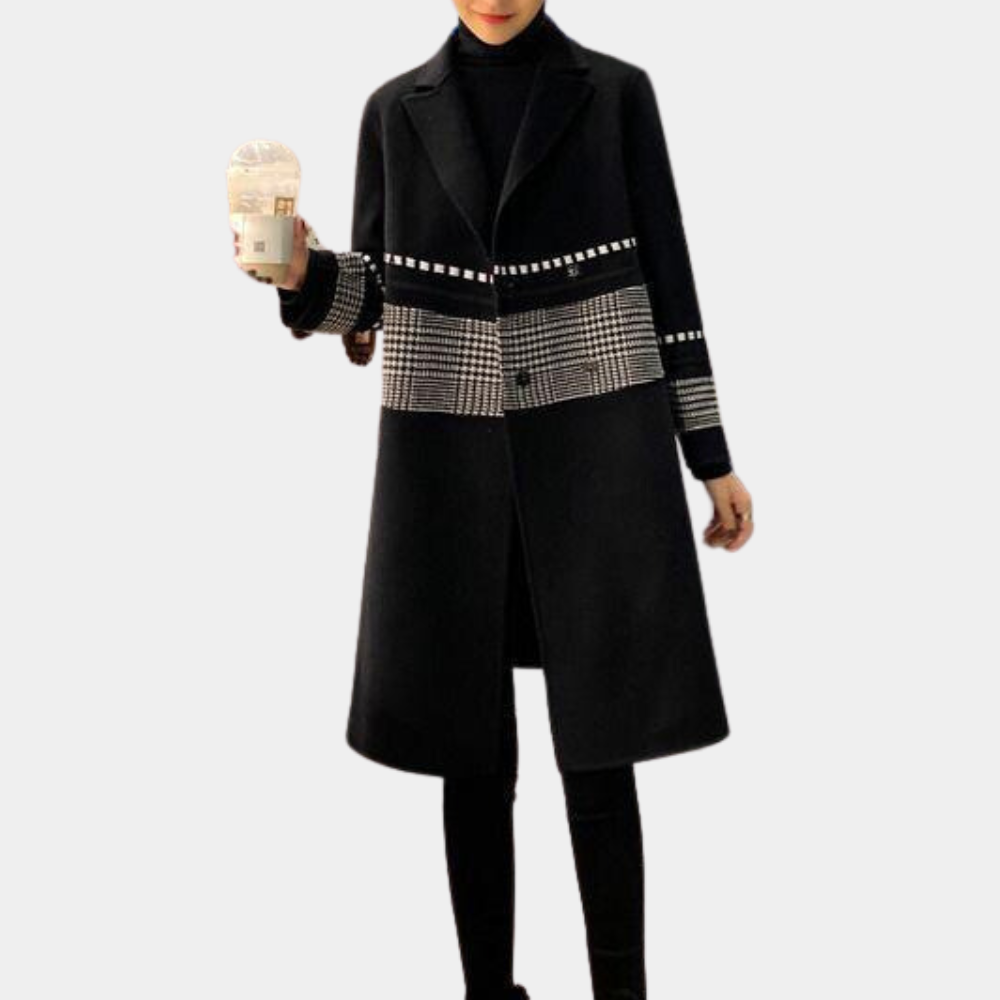 Victoria - Long Coat with Houndstooth Trim