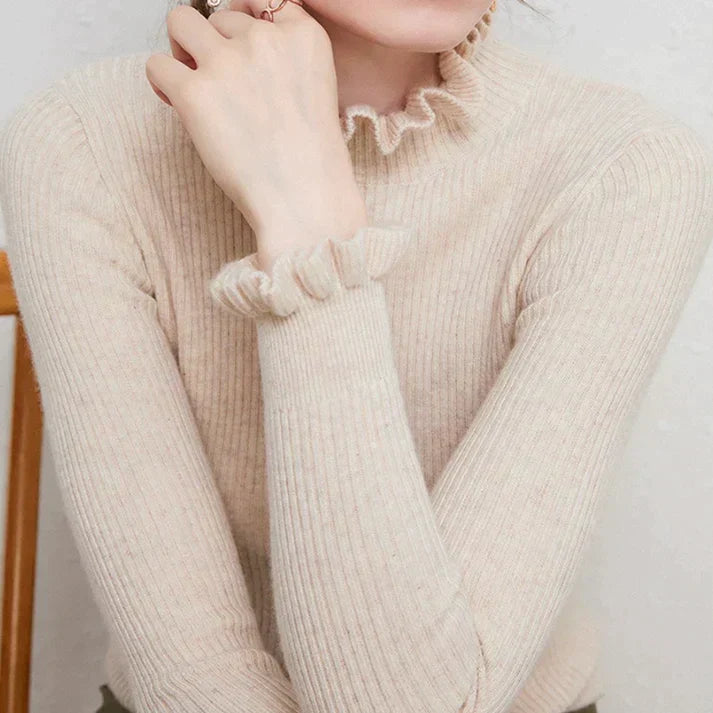 Celia - Ribbed Frill Neck Top — Beige