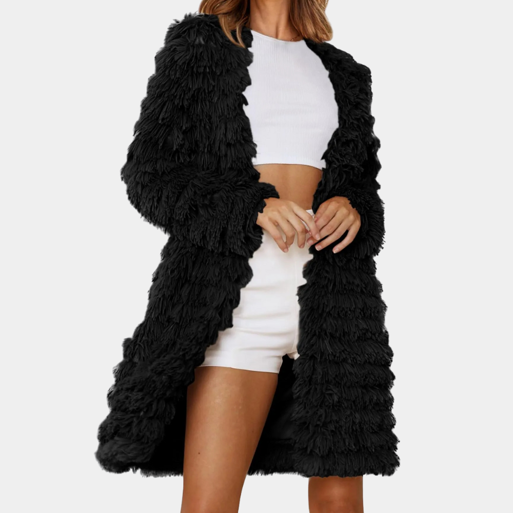 Lavender - Fringed Fluffy Long Cardigan — Black