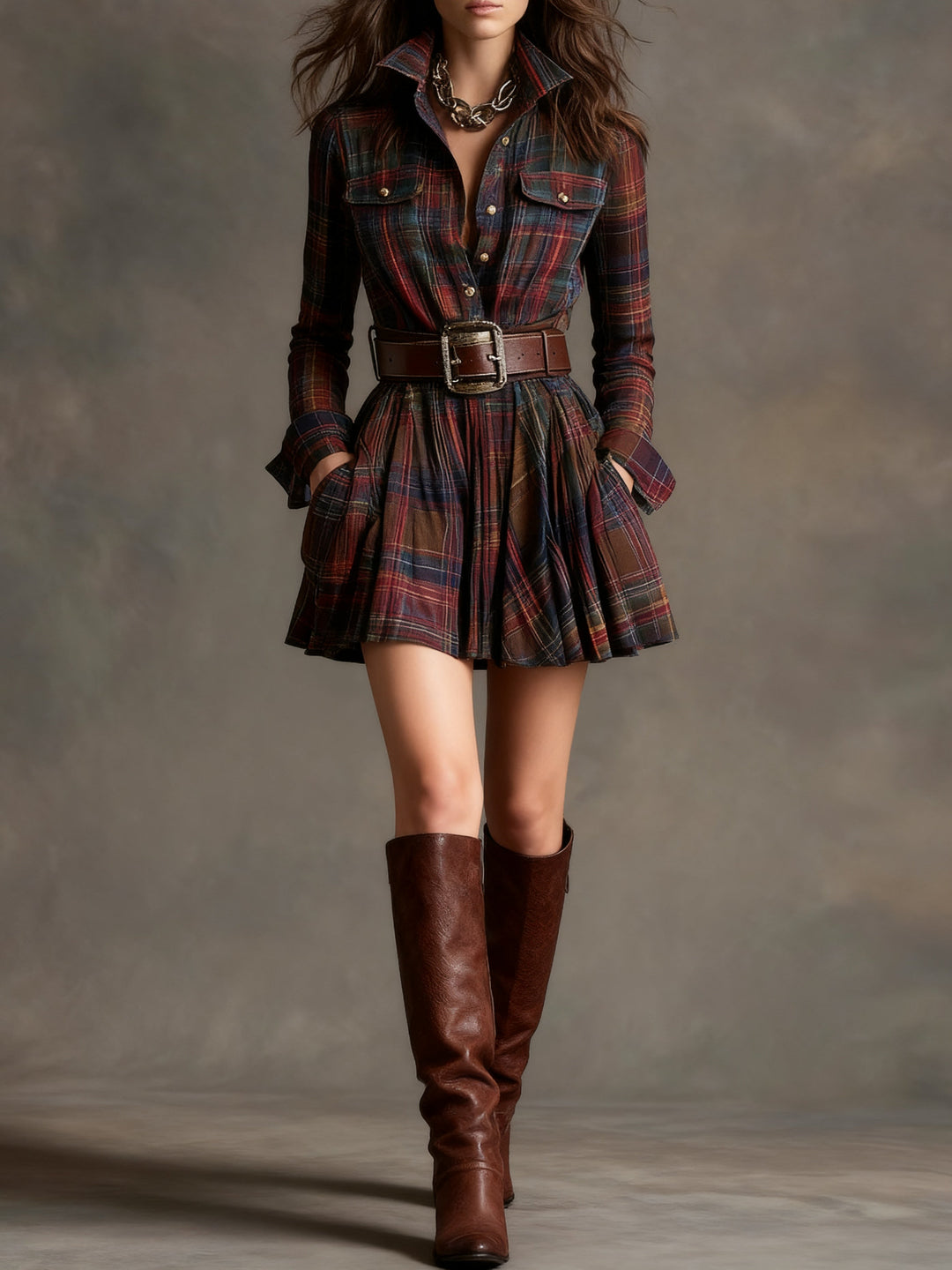 Tallulah - Plaid Shirt Mini Dress with Belt