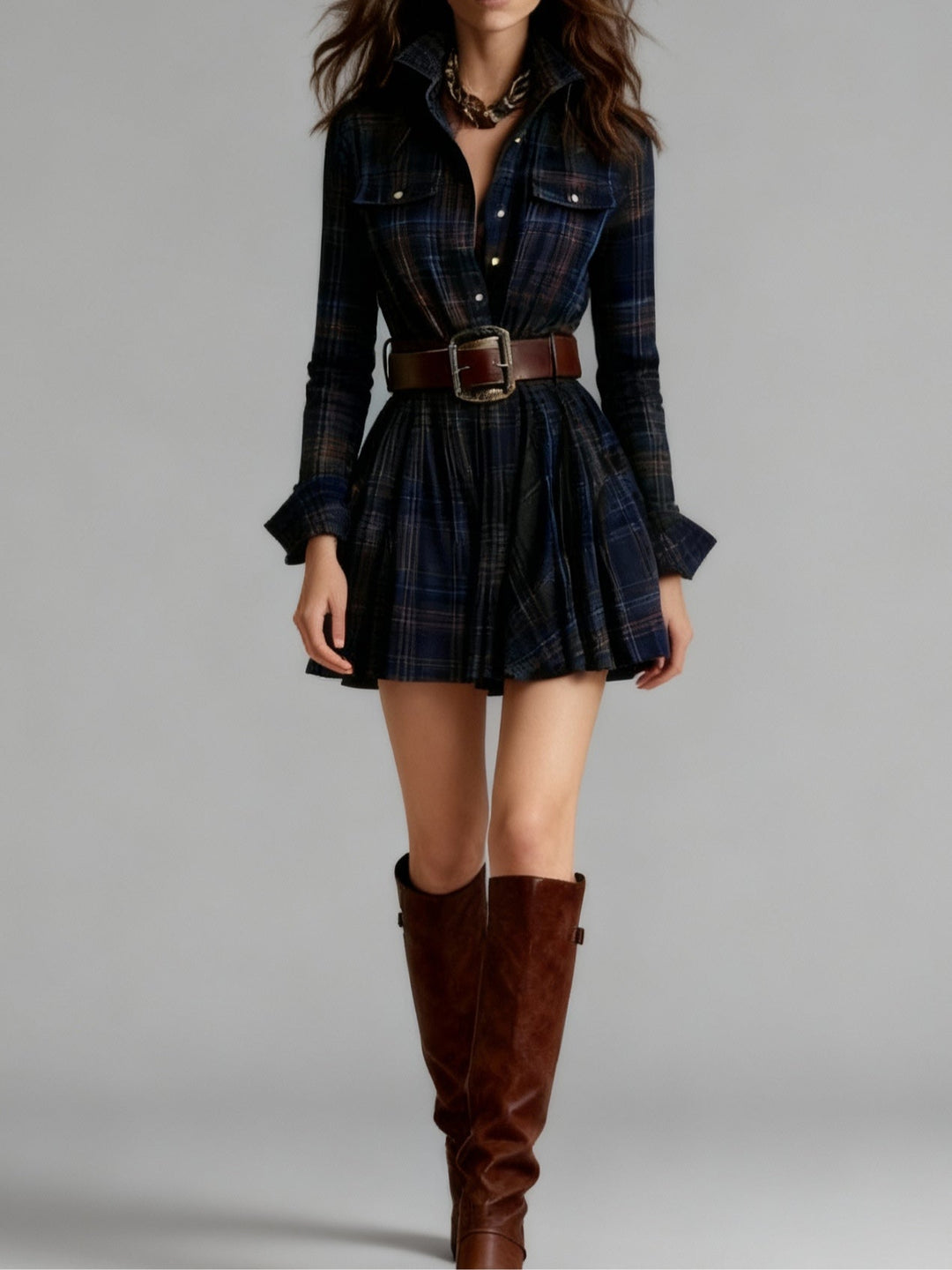 Tallulah - Plaid Shirt Mini Dress with Belt