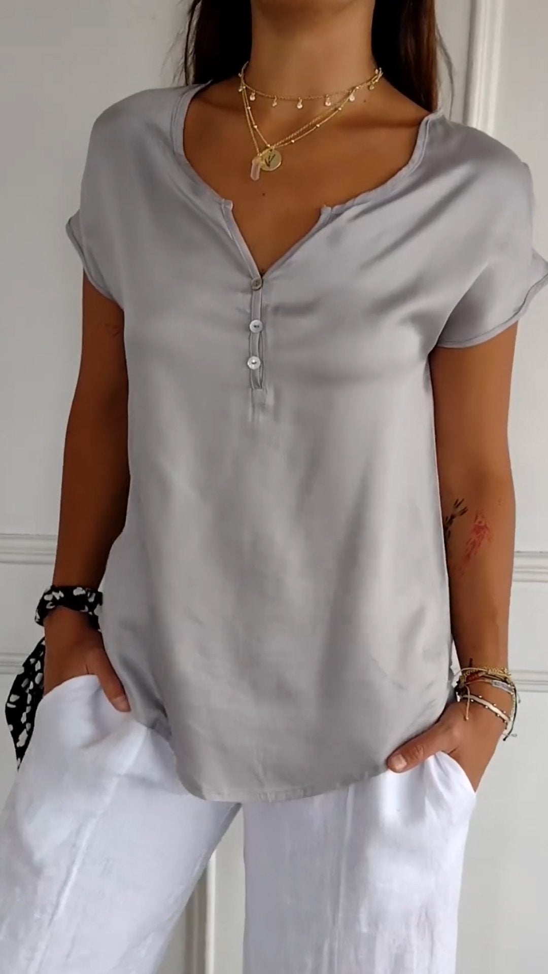 Evelyn - Satin V Neck Top