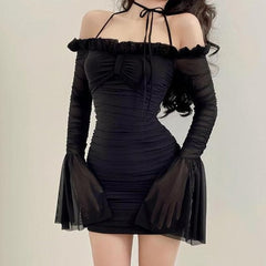 Evangeline - Ruched Frill Neck Mini Dress — Black