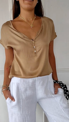 Evelyn - Satin V Neck Top — Brown